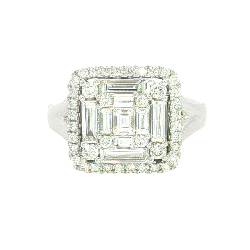 Elegant & Trendy 14K White Gold Square Cushion 1.29 Carats Baguette & Round Diamond Halo Ring