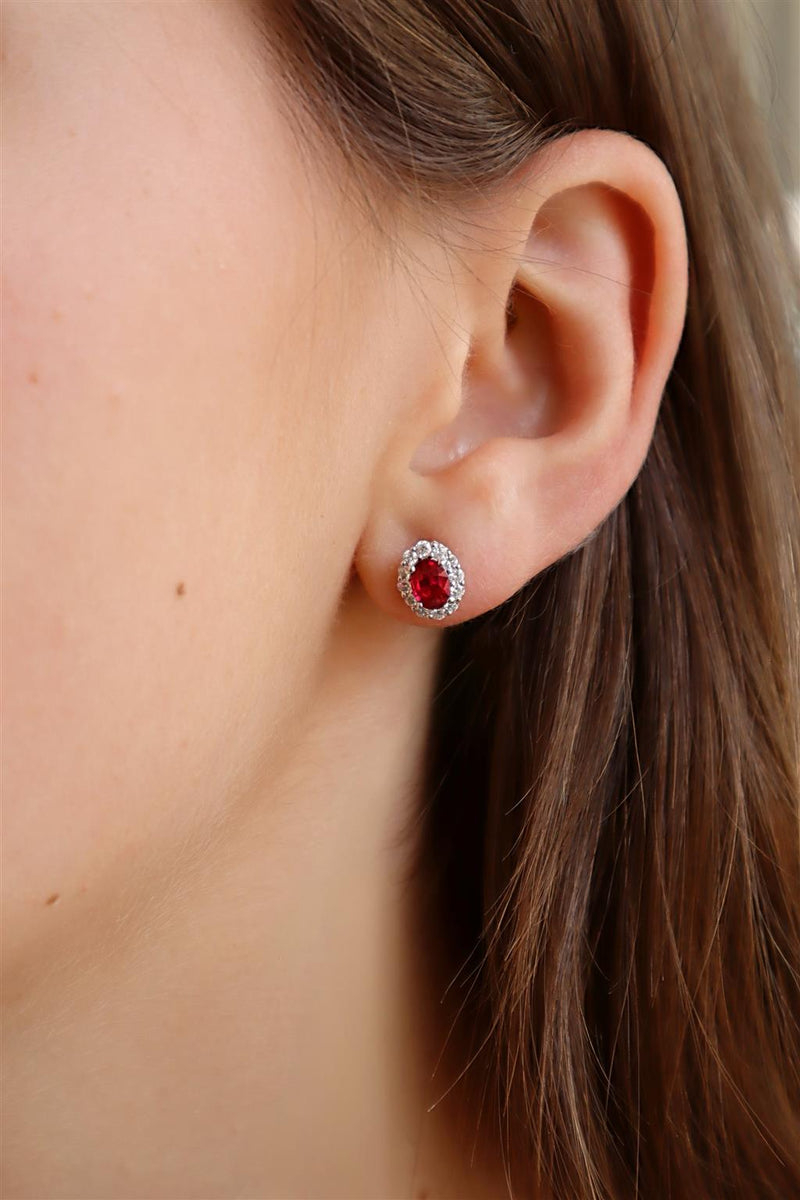 Vibrant Color Stone 18K White Gold 1.07 Carats Oval Ruby & 0.44 Carats Diamond Halo Stud Earrings