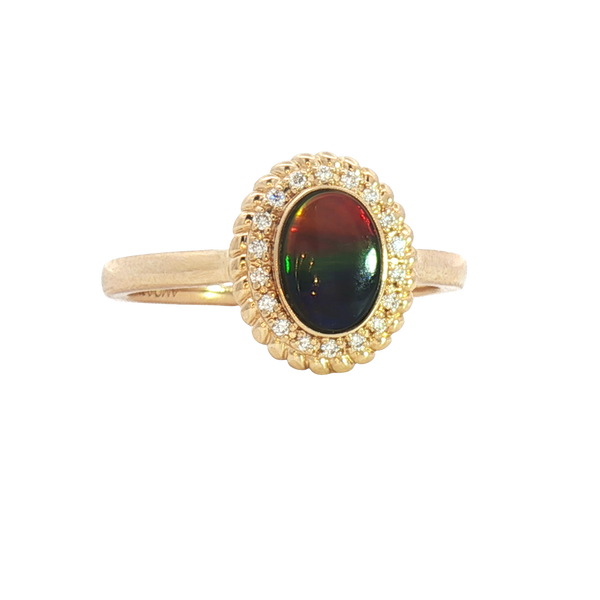 Bold & Elegant 14K Yellow Gold  Oval Cut 0.73 Carats Ammolite & 0.07 Carats Diamond Halo Ring