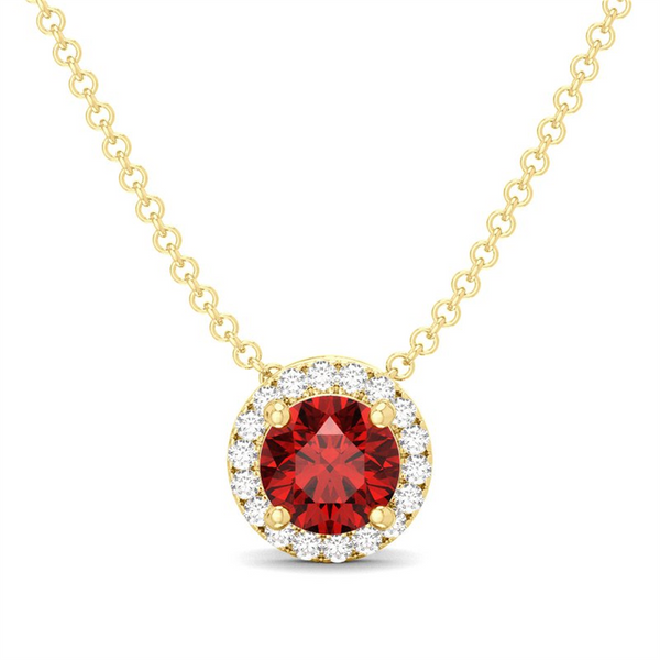 Yellow 10 Karat Gold 0.40 Carats Ruby & 0.05 Carats Diamond Halo Necklace