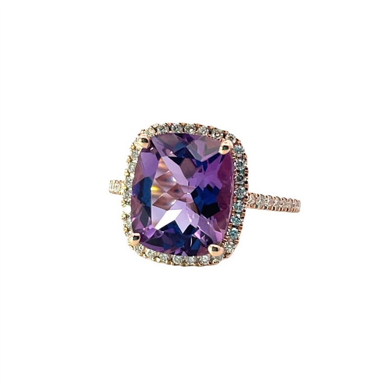 Rosé 14 Karat Gold 6.20 Carats Amethyst & 0.38 Carats Diamond Halo Ring