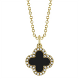 Vibrant 14K Gold Yellow 0.88 Carats Black Onyx & Mother Of Pearl & 0.15 Carats Diamond Reversible Pendant Necklace - 18 Inch