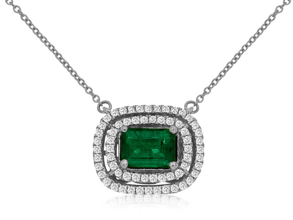 White 14 Karat Gold 1.00 Carats Emerald & 0.33 Carats Diamond Halo Necklace