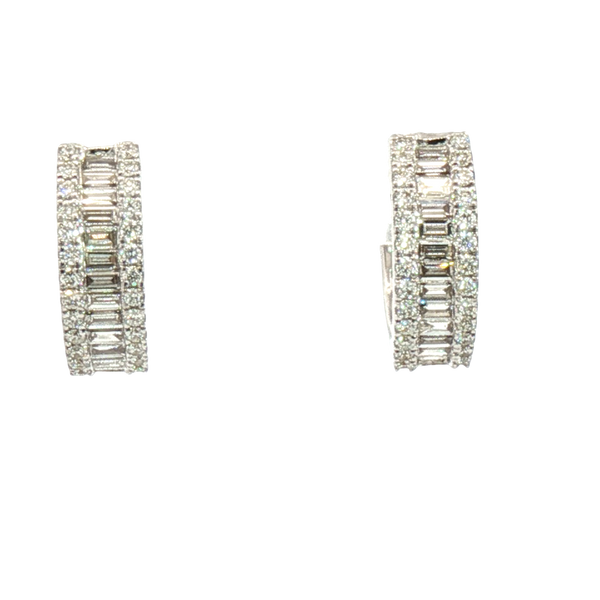 Classic & Contemporary 18K White Gold 0.62 Carats Baguette & Round Diamond Huggie Earrings