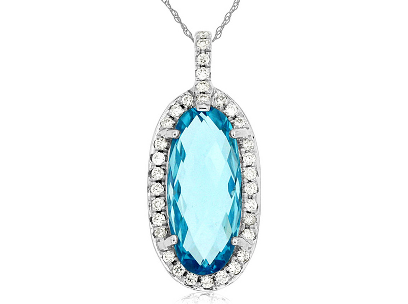 White 14 Karat Gold 4.00 Carats Blue Topaz & 0.17 Carats Diamond Halo Necklace
