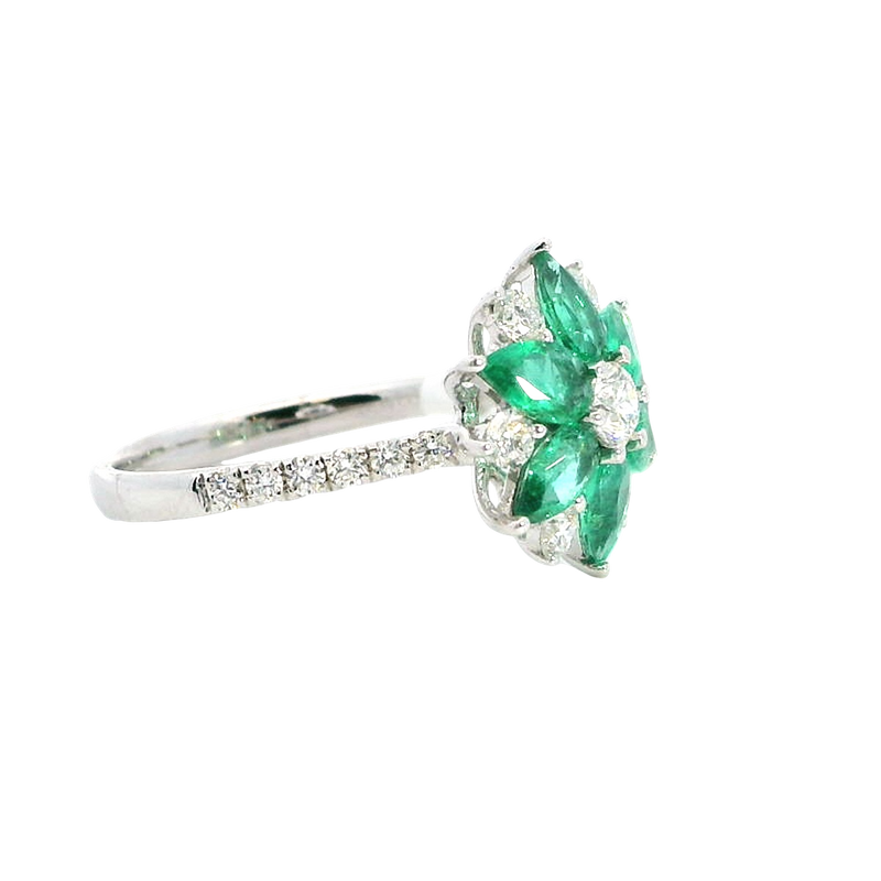Bold & Elegant 18K Gold White Accented Color Stone Floral Inspired Fashion Ring -  Emeralds 1.02 Carats & Diamonds 0.59 Carats