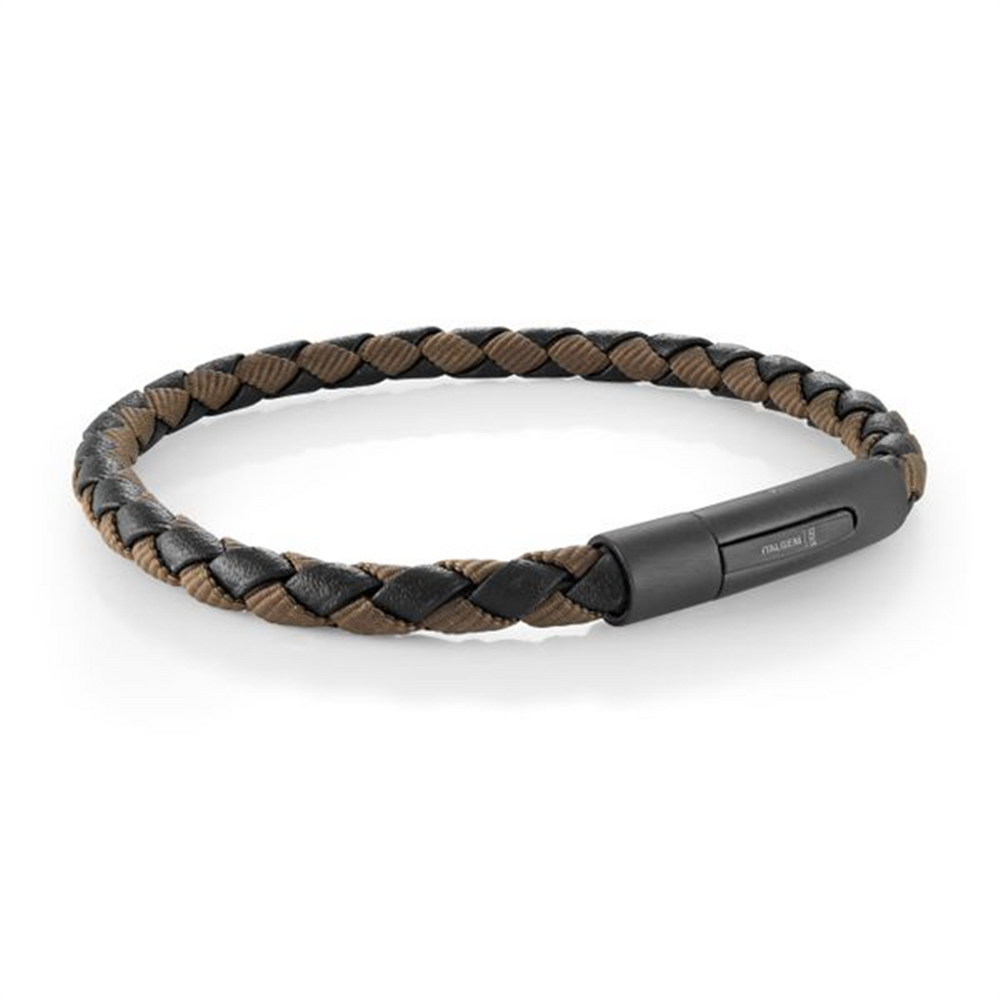 Black IP Stainless Steel, Black Leather, And Brown Cord Braided