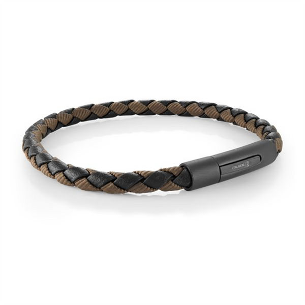 Black IP Stainless Steel, Black Leather, And Brown Cord Braided