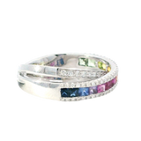 Elegant & Trendy 18K White Gold 1.07 Carats Princess Cut Rainbow Sapphire & 0.37 Carat Round Diamond Band