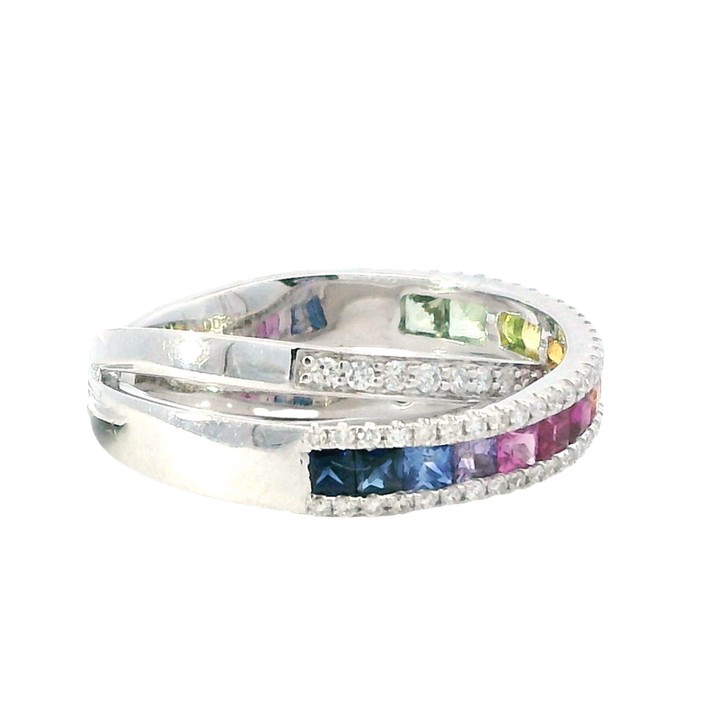 Elegant & Trendy 18K White Gold 1.07 Carats Princess Cut Rainbow Sapphire & 0.37 Carat Round Diamond Band