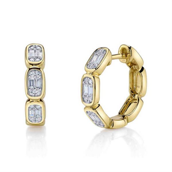 Classic & Contemporary 14K Yellow Gold 0.39 Carats Baguette & Round Diamond Medium Octagon Hoop Earrings