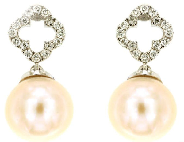 White 14 Karat Gold Round Pearl & 0.15 Carats Diamond Dangle Earrings