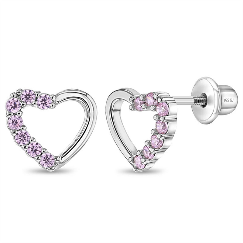 Sterling Silver Two in One Heart October Birthstone Pink CZ Earrings For Children