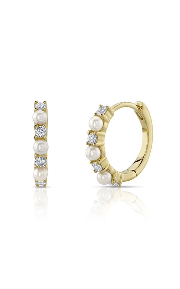Yellow 14 Karat Gold Cultured Pearl & 0.14 Carats Diamond Huggie Earrings