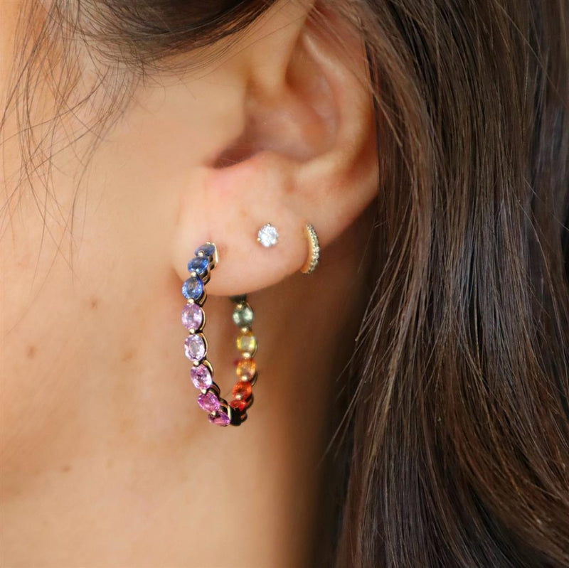 Vibrant Color Stone 14K Yellow Gold Oval Cut 6.78 Carats Multi Colored Sapphire Large Hoop Earrings
