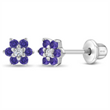 Sterling Silver February Birthstone Purple CZ & April Birthstone White CZ Cluster Flower Earrings For Children