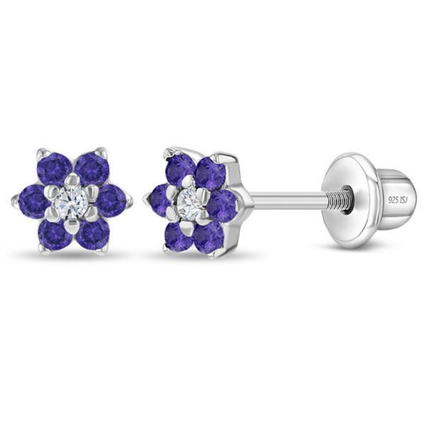 Sterling Silver February Birthstone Purple CZ & April Birthstone White CZ Cluster Flower Earrings For Children