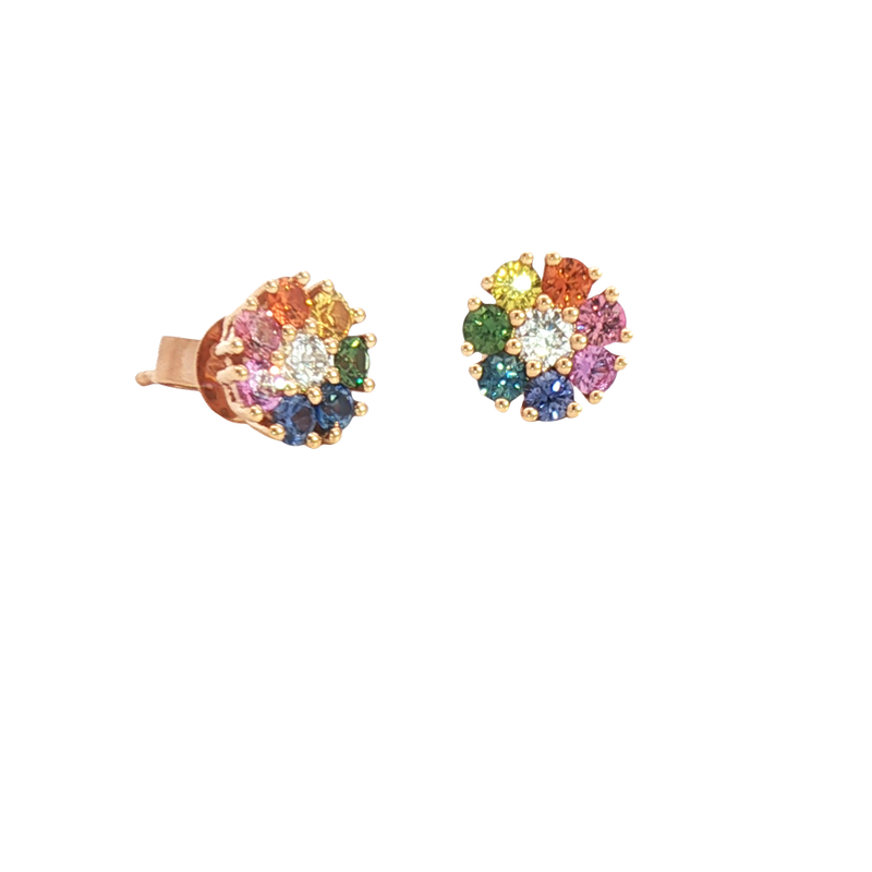 Vibrant Color Stone 18K Rosé Gold 1.04 Carats Multi Color Fancy Sapphire & 0.22 Carats Diamond Stud Earrings