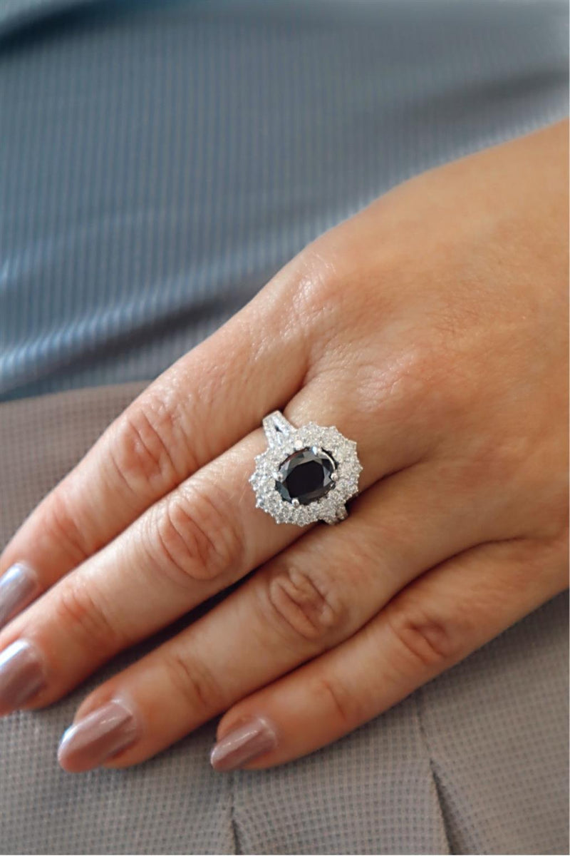 18K White Gold Double Halo Black Oval-Cut Diamond Engagement Ring, 2.28ct Black Diamond & 1.50ct Round Diamonds, F/G Color, VS2 Clarity