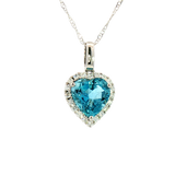 Vibrant Colored Stone Necklaces 14K White Gold Heart Shaped 1.55 Carats Blue Aquamarine & 0.14 Carats Diamond Halo Necklace, 18 Inch