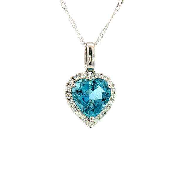 Vibrant Colored Stone Necklaces 14K White Gold Heart Shaped 1.55 Carats Blue Aquamarine & 0.14 Carats Diamond Halo Necklace, 18 Inch