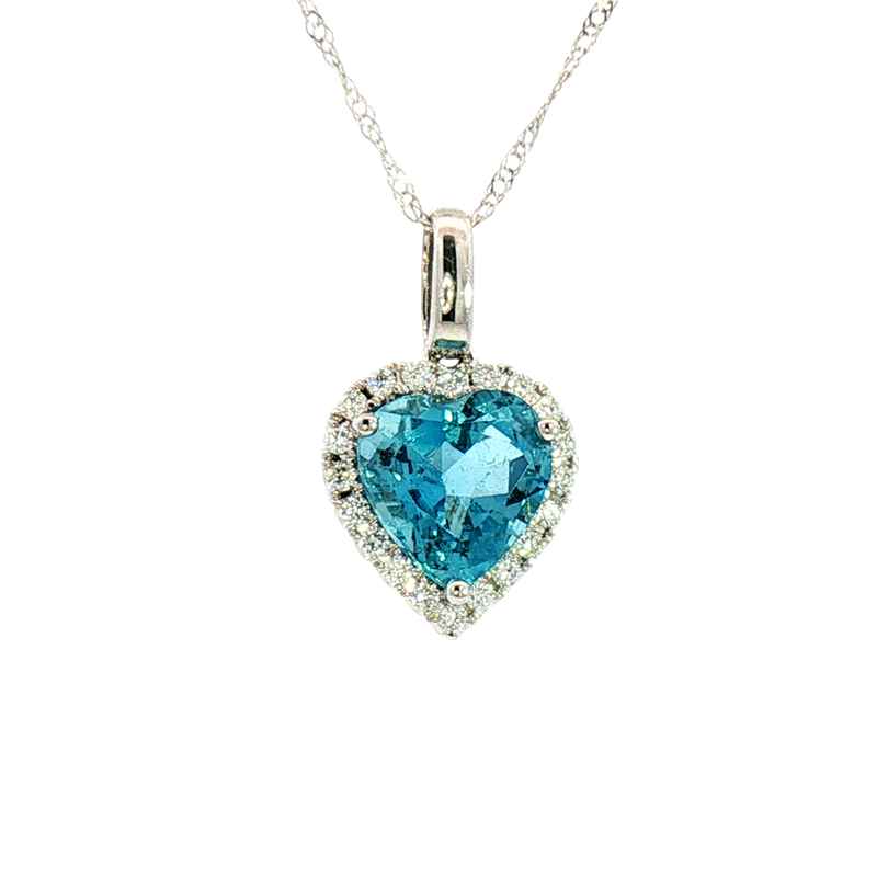 Vibrant Colored Stone Necklaces 14K White Gold Heart Shaped 1.55 Carats Blue Aquamarine & 0.14 Carats Diamond Halo Necklace, 18 Inch