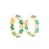 Vibrant Color Stone 18K Gold Yellow 1.93 Carats Emerald & 1.62 Carats Diamond Medium Inside Out Hoop Earrings