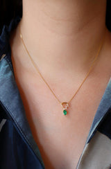 Yellow Gold Asymmetrical Emerald Pendant Necklace - 18K Gold Yellow 0.45 Carats Oval Emerald & 0.09 Carats Diamond, 18 Inch