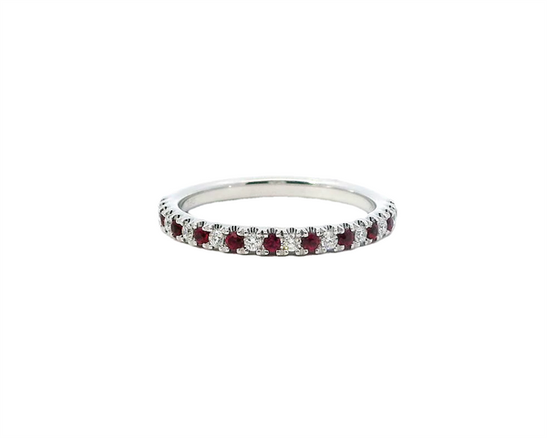 Bold & Elegant 14K Gold White Color Stone Fashion Rings - 14K  White Gold 0.17 Carats Ruby & 0.11 Carats Diamond Stackable Band