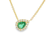 Vibrant Colored Stone Necklaces 18K Yellow Gold Horizontal Set Pear Shaped 0.52 Carats Emerald & 0.20 Carats Diamond Halo Necklace -18 Inch