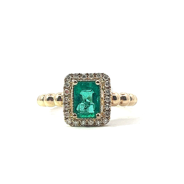 Yellow 14 Karat Gold 0.97 Carats Emerald & 0.16 Carats Diamonds Halo Ring