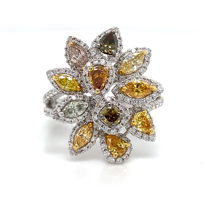 Two-Toned 18 Karat Gold 1.61 Carats Yellow Diamond & 0.85 Carats Round Diamonds Floral Halo Ring