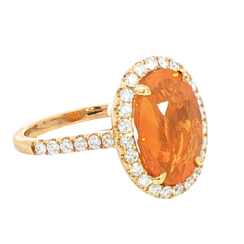 Elegant & Trendy 18K Yellow Gold 3.78 Carats Orange Fire Opal & 0.69 Carats Diamond Halo Ring