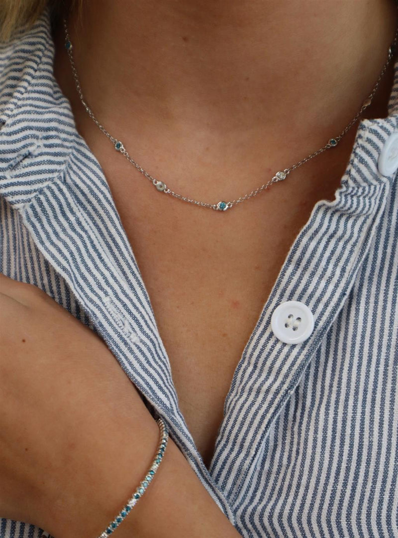 Elegant Diamond Necklaces 14K Gold White 0.35 Carats Blue Diamond & 0.36 Carats White Diamond Station Necklace - 20 Inch
