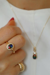 Bold & Elegant 14K Yellow Gold  Oval Cut 0.73 Carats Ammolite & 0.07 Carats Diamond Halo Ring