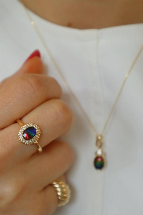 Bold & Elegant 14K Yellow Gold  Oval Cut 0.73 Carats Ammolite & 0.07 Carats Diamond Halo Ring