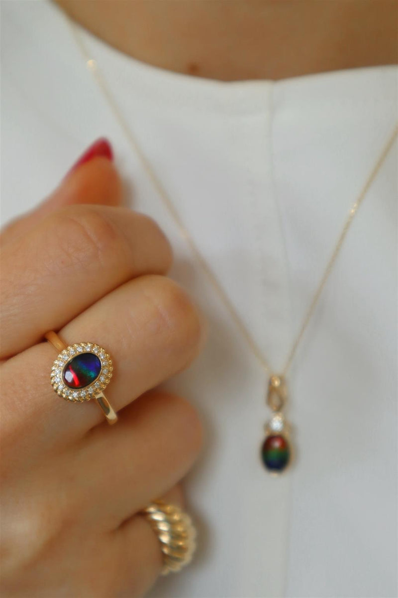 Bold & Elegant 14K Yellow Gold  Oval Cut 0.73 Carats Ammolite & 0.07 Carats Diamond Halo Ring