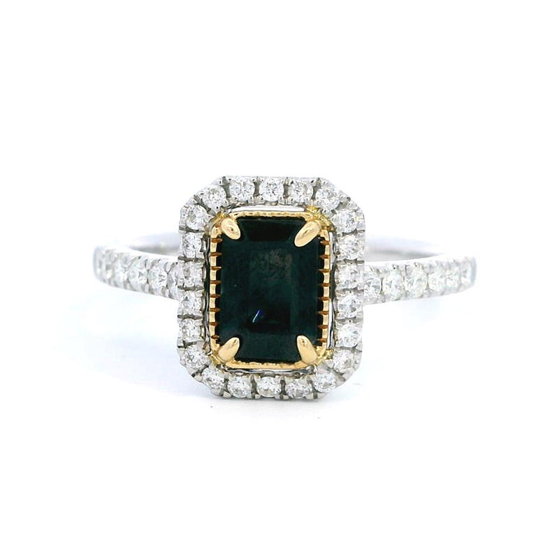 Color Stone Fashion Rings 14K Two-tone White & Yellow 1.07ct Blue Sapphire & 0.32ct Diamond Halo Ring