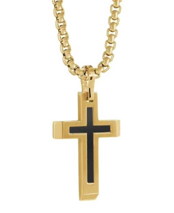 Yellow Gold Ion Plated & Black Stainless Steel Cross Necklace - 22 Inch
