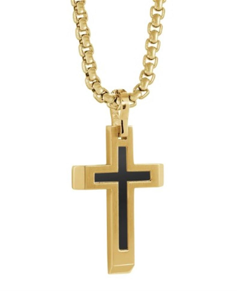 Yellow Gold Ion Plated & Black Stainless Steel Cross Necklace - 22 Inch