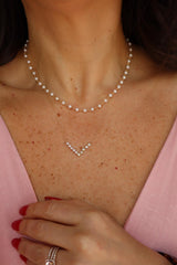 Elegant Pearl Necklaces & Pendants 14K Yellow Gold 2.5 - 3.0 MM Pearls & 0.30 Carats Lab Grown Diamonds V-Bar Necklace - 18 Inch