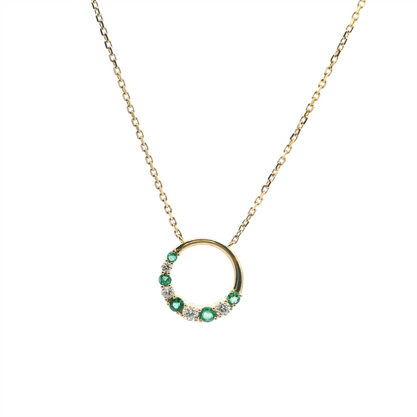 Vibrant Colored Stone Necklaces 18K Gold Yellow 0.21 Carats Emerald & 1.18 Carats Diamond Circle Pendant Necklace, 18 Inch