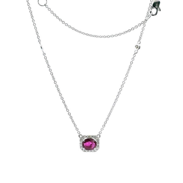 Elegant & Stylish Colored Stone Necklaces 14K White Gold 0.65C Oval Ruby & 0.16C Diamond Halo & Diamond Accented Necklace, 18 Inch