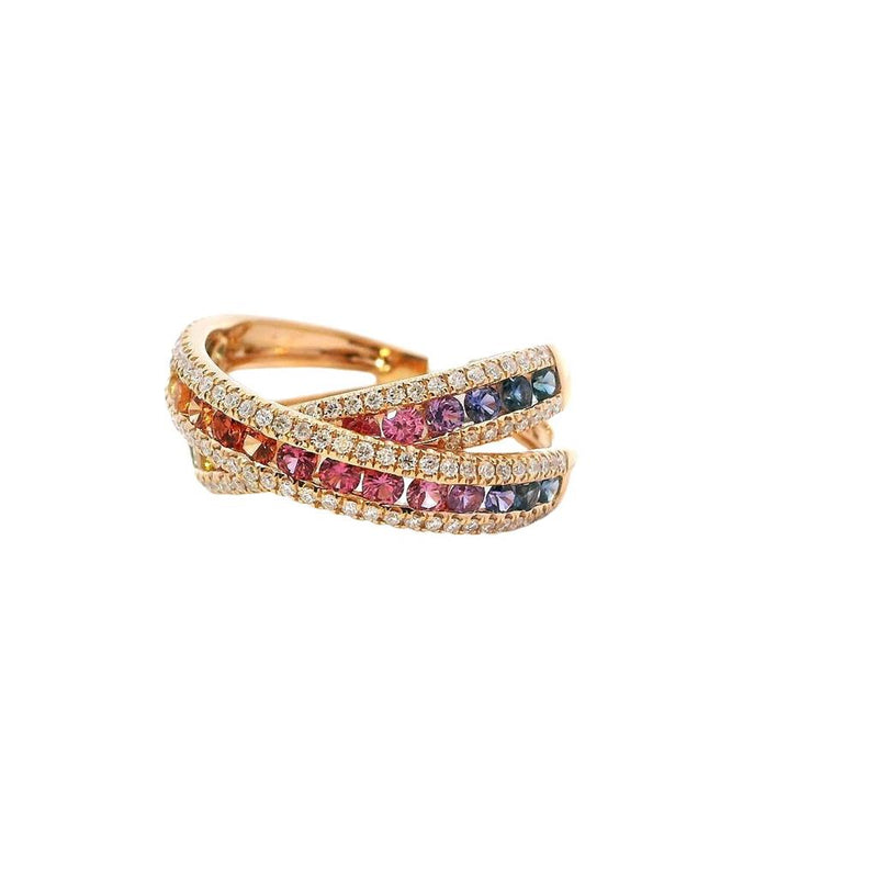 Bold & Elegant 18K Gold Rosé Color Stone Fashion Rings - Diamond Accented Fancy Rainbow Sapphire Criss Cross Band, 1.10 Carats Sapphire & 0.37 Carats Diamond