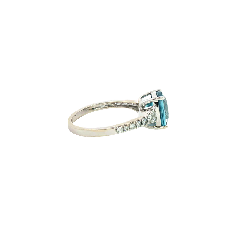 Bold & Elegant 14K White Gold Cushion Cut 3.75 Carats Blue Zircon & 0.29 Carats Diamond Ring