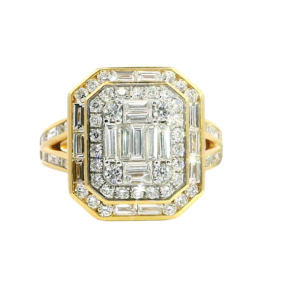Elegant & Trendy 18K Yellow Gold 1.51 Carats Baguette & Round Diamond Dinner Ring