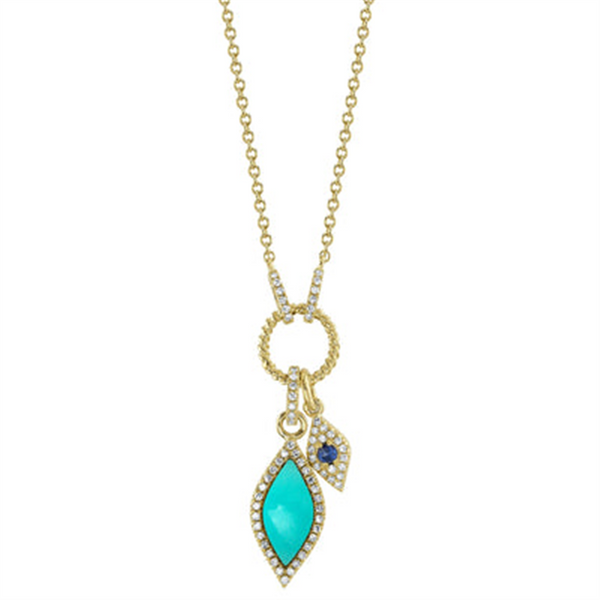 Yellow 14 Karat Gold 0.81 CaratsTurquoise & Sapphire & 0.015 Carats Diamond Drop Necklace