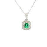 Vibrant 18K White Gold 0.14 Carats Emerald & 0.37 Carats Diamond Halo Drop Pendant