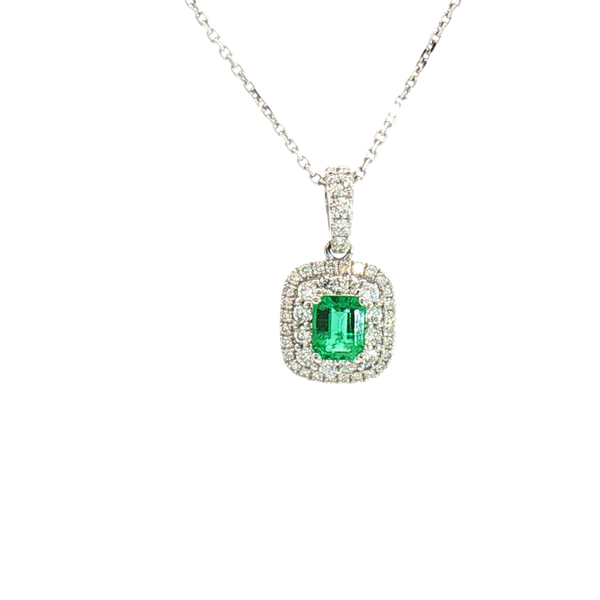 Vibrant 18K White Gold 0.14 Carats Emerald & 0.37 Carats Diamond Halo Drop Pendant