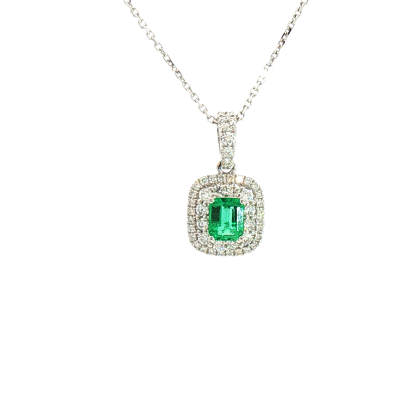 Vibrant 18K White Gold 0.14 Carats Emerald & 0.37 Carats Diamond Halo Drop Pendant
